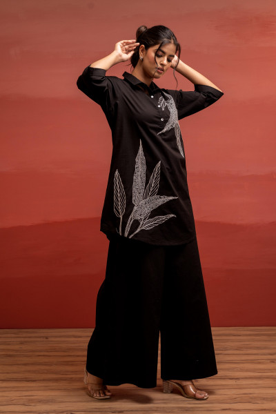 Black Solid Cotton Shirt and Pants Co-ord Set with Thread Work