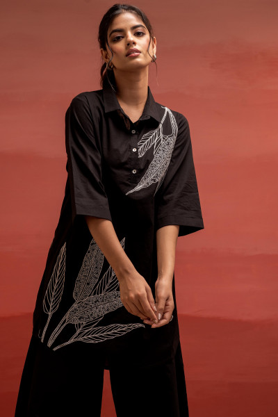 Black Solid Cotton Shirt and Pants Co-ord Set with Thread Work