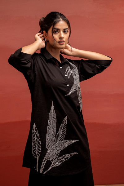 Black Solid Cotton Shirt and Pants Co-ord Set with Thread Work