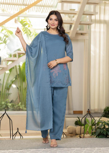 Blue Solid Man Made Fiber Kurta Pant Dupatta Set with Beads and Telesales Work