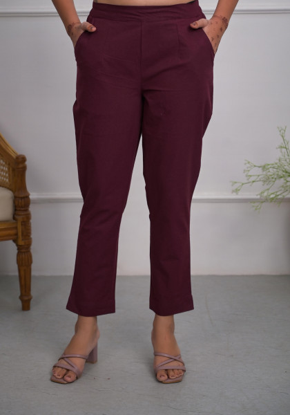 Burgundy Solid Cotton Pants With Partially Elasticated Waistband And Two Side Pockets