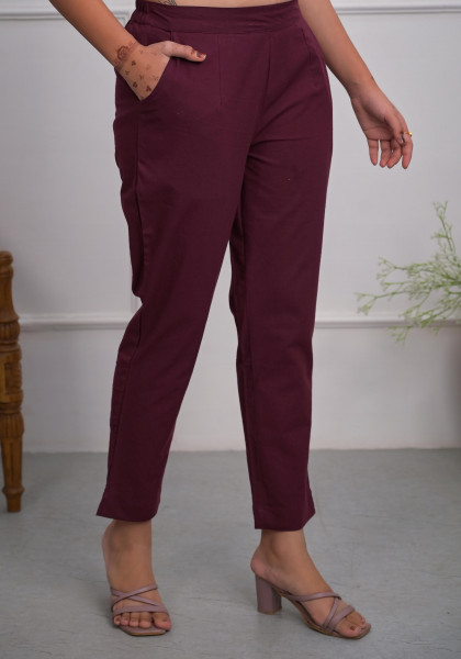 Burgundy Solid Cotton Pants With Partially Elasticated Waistband And Two Side Pockets