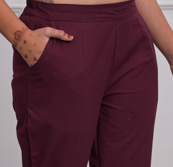 Burgundy Solid Cotton Pants With Partially Elasticated Waistband And Two Side Pockets