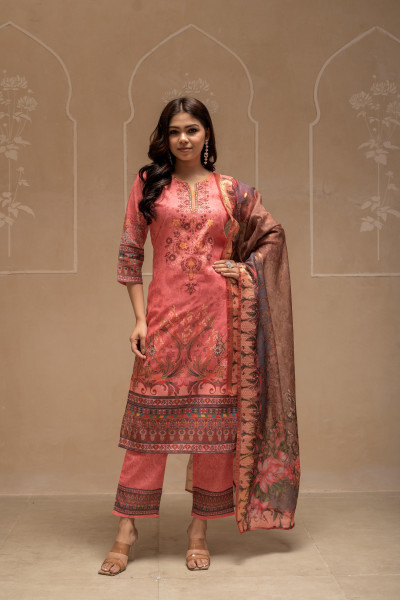 Coral Floral Printed Kurta with Pant and Dupatta, Sequence & Beads Work
