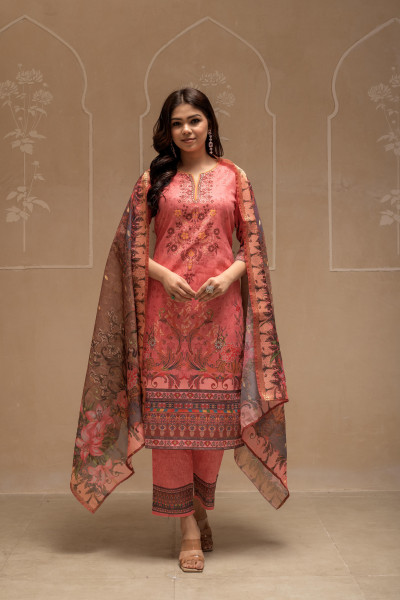 Coral Floral Printed Kurta with Pant and Dupatta, Sequence & Beads Work