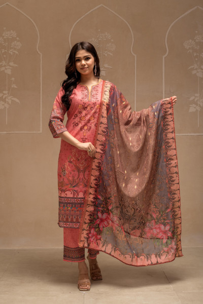 Coral Floral Printed Kurta with Pant and Dupatta, Sequence & Beads Work