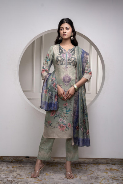Green Floral Printed Kurta with Pant and Dupatta, Sequence & Beads Work