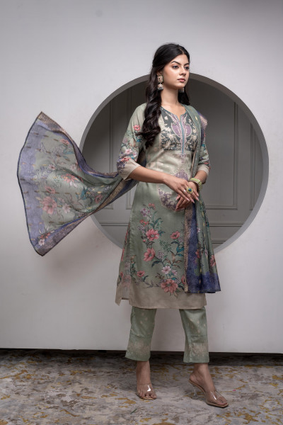 Green Floral Printed Kurta with Pant and Dupatta, Sequence & Beads Work