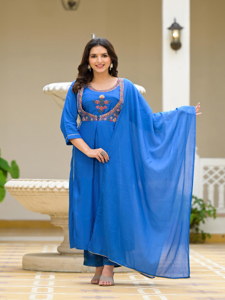 Blue solid viscose Kurta Pant With Dupatta Set with thread and mirror work.