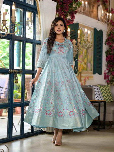 Sea Green Ethnic Motif Printed Santoon Dress With Sequins & Thread Work