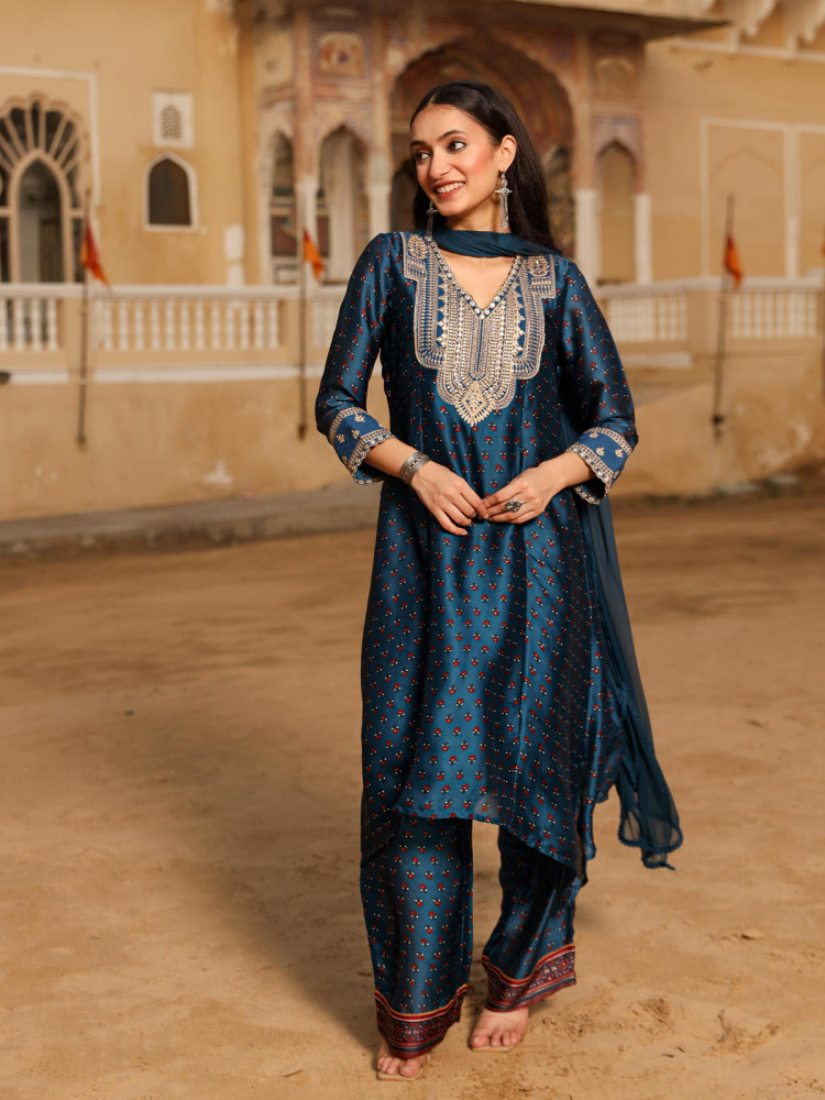 The Patang Blue Ethnic Motif Printed Satin Kurta Pant And Dupatta