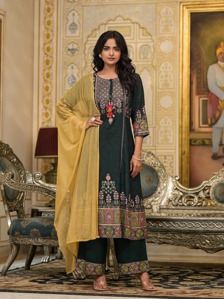 Green Floral Printed Rayon Kurta Pant With Dupatta