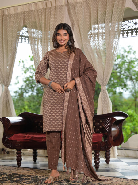 Brown Geometric Printed Cotton Kurta Pant Set With Tassels On Dupatta