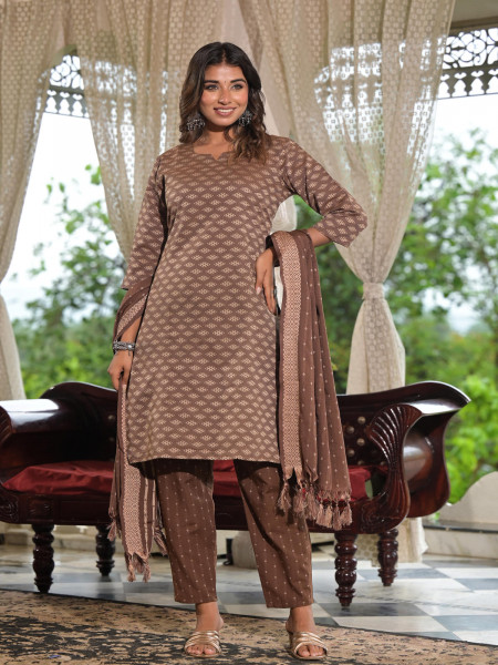 Brown Geometric Printed Cotton Kurta Pant Set With Tassels On Dupatta