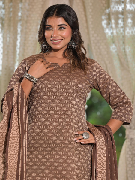 Brown Geometric Printed Cotton Kurta Pant Set With Tassels On Dupatta