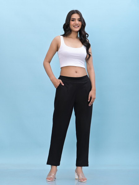 Juniper Women Black Solid Cotton Pants With Partially Elasticated Waistband And Two Side Pockets