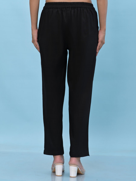 Juniper Women Black Solid Cotton Pants With Partially Elasticated Waistband And Two Side Pockets