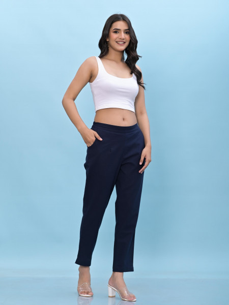 Juniper Women Navy Blue Solid Cotton Pants With Partially Elasticated Waistband And Two Side Pockets