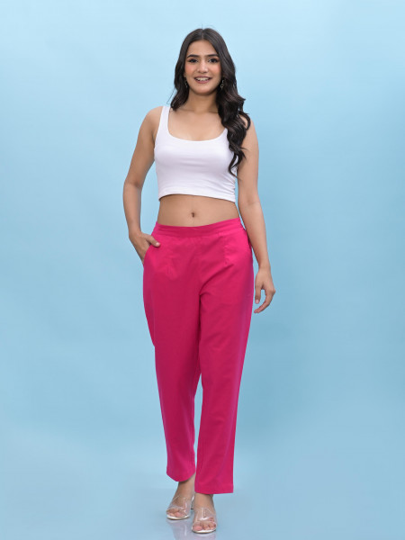 Juniper Women Fuchsia Solid Cotton Pants With Partially Elasticated Waistband And Two Side Pockets