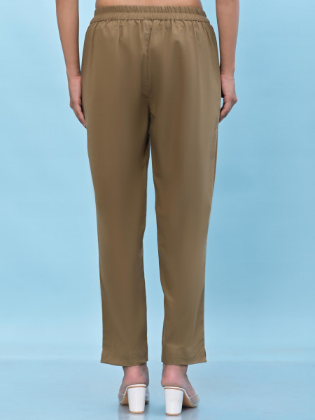 Juniper Women Brown Solid Cotton Pants With Partially Elasticated Waistband And Two Side Pockets