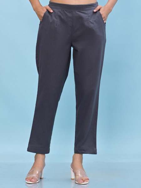 Juniper Women Grey Solid Cotton Pants With Partially Elasticated Waistband And Two Side Pockets