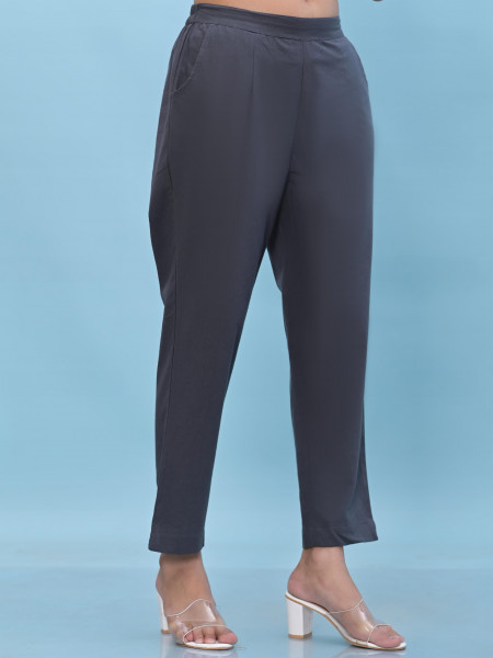 Juniper Women Grey Solid Cotton Pants With Partially Elasticated Waistband And Two Side Pockets