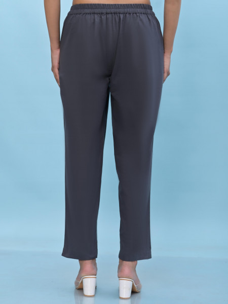 Juniper Women Grey Solid Cotton Pants With Partially Elasticated Waistband And Two Side Pockets