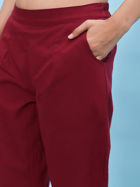 Juniper Women Maroon Solid Cotton Pants With Partially Elasticated Waistband And Two Side Pockets