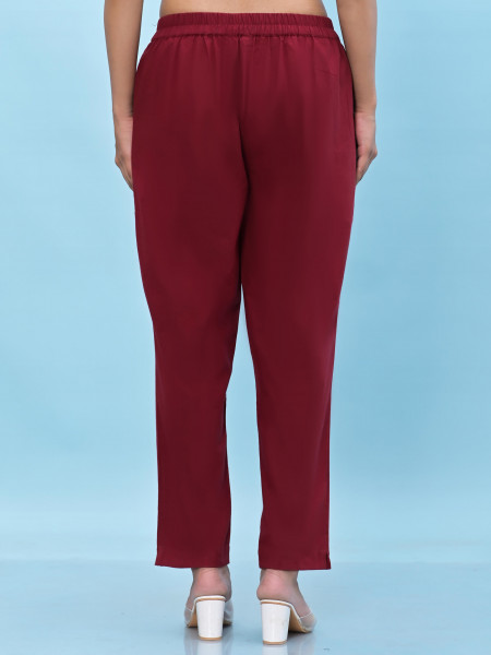 Juniper Women Maroon Solid Cotton Pants With Partially Elasticated Waistband And Two Side Pockets