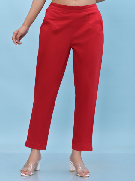 Juniper Women Red Solid Cotton Pants With Partially Elasticated Waistband And Two Side Pockets