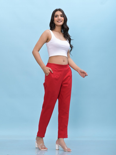 Juniper Women Red Solid Cotton Pants With Partially Elasticated Waistband And Two Side Pockets