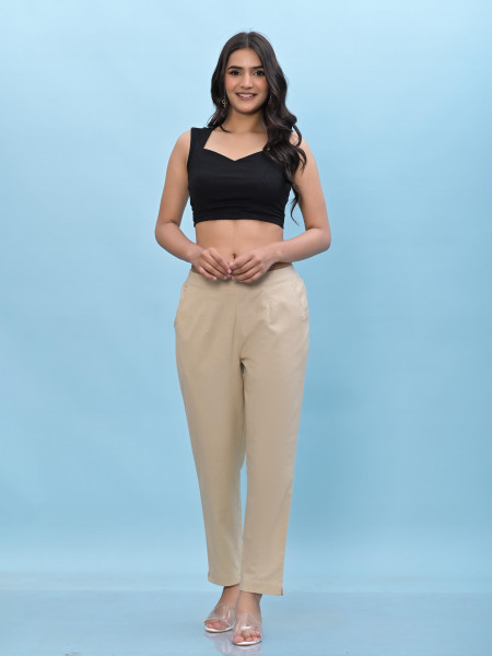Juniper Women Beige Solid Cotton Pants With Partially Elasticated Waistband And Two Side Pockets