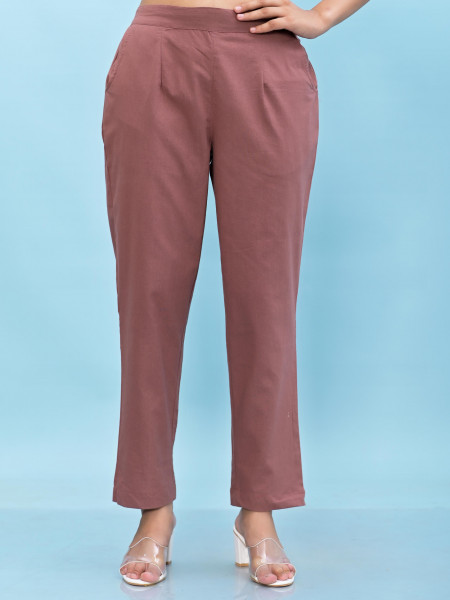 Juniper Women Mauve Solid Cotton Pants With Partially Elasticated Waistband And Two Side Pockets