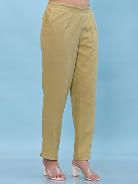 Juniper Women Olive Solid Cotton Pants With Partially Elasticated Waistband And Two Side Pockets