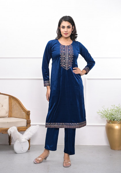 Velvet Blue Kurta &amp; Pant Set with Thread Work &amp; Sequins