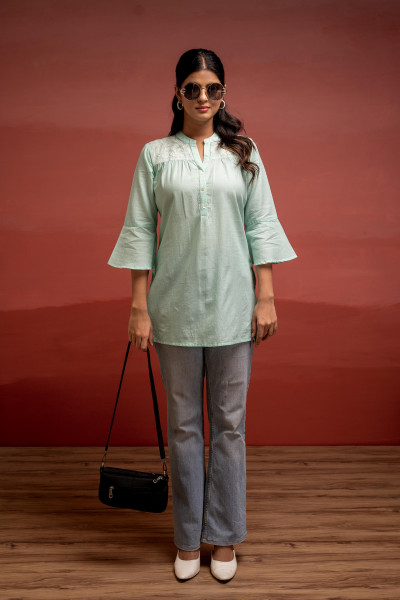 Mint Solid Cotton Straight Tunic with Thread Work and Button Detailing