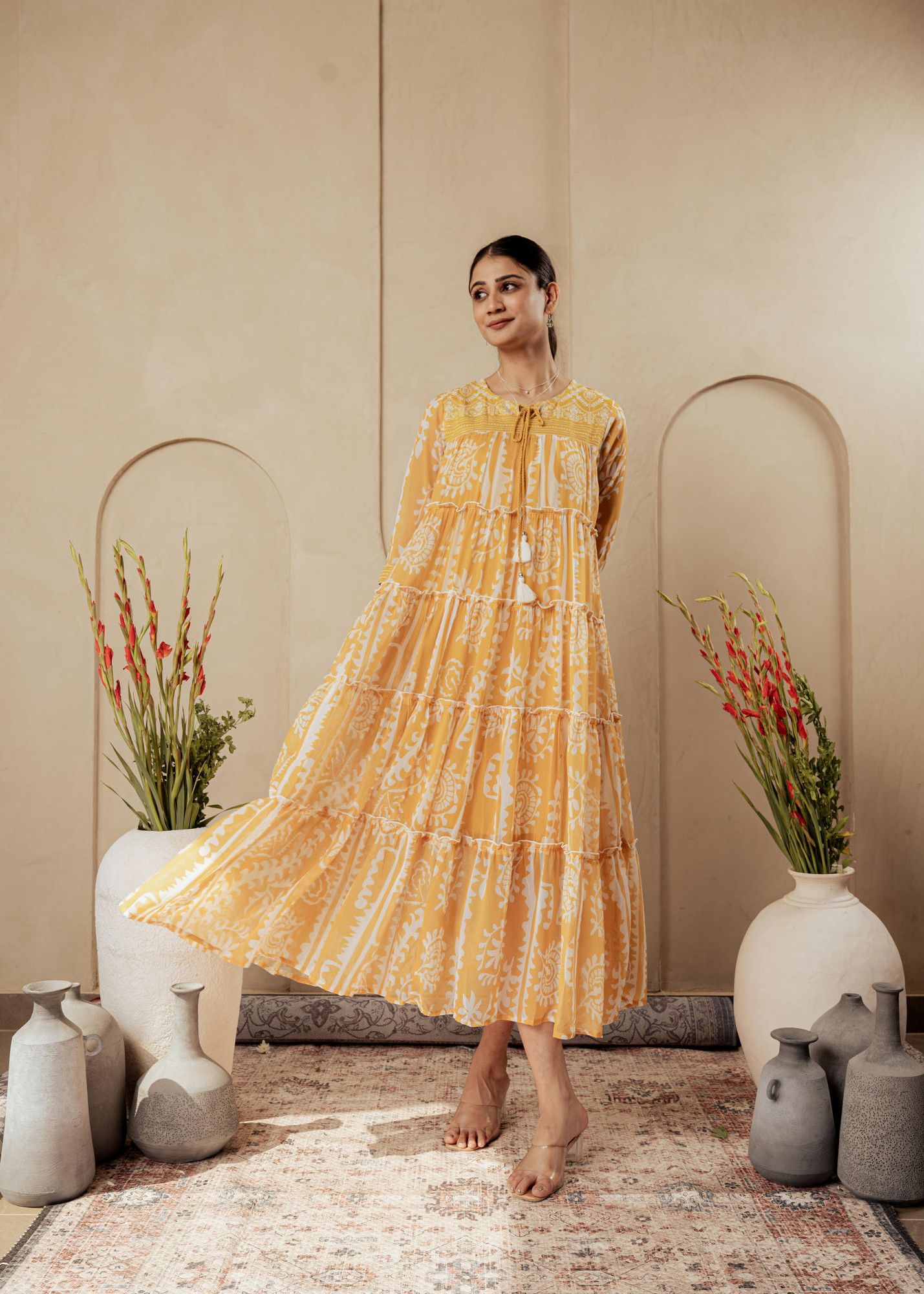 Mustard Ethnic Motifs Printed Man Made Fiber Tiered Long Dress