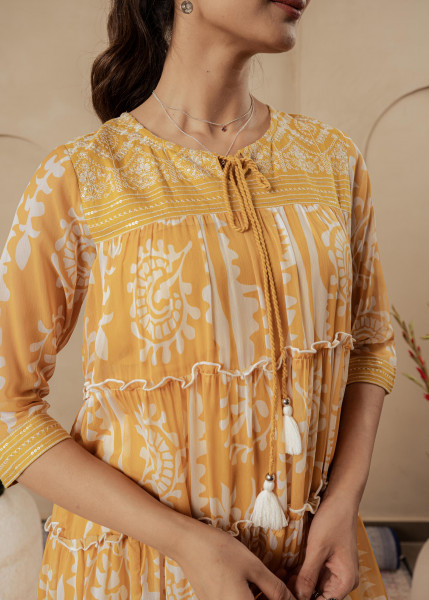 Mustard Ethnic Motifs Printed Man Made Fiber Tiered Long Dress