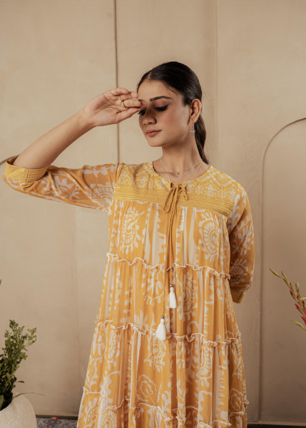 Mustard Ethnic Motifs Printed Man Made Fiber Tiered Long Dress