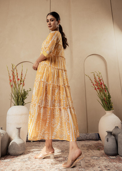 Mustard Ethnic Motifs Printed Man Made Fiber Tiered Long Dress
