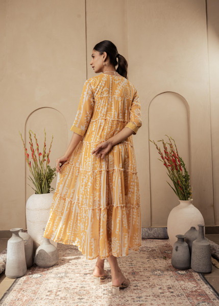 Mustard Ethnic Motifs Printed Man Made Fiber Tiered Long Dress