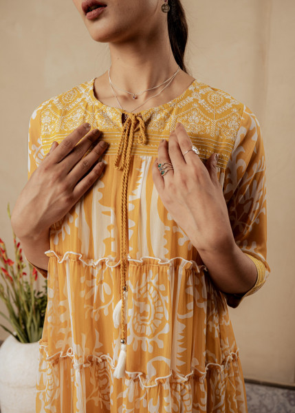 Mustard Ethnic Motifs Printed Man Made Fiber Tiered Long Dress