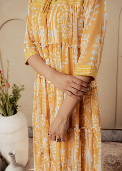 Mustard Ethnic Motifs Printed Man Made Fiber Tiered Long Dress