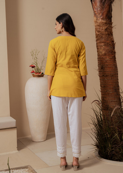 Mustard Striped Cotton Tunic with Thread Work and Button Detailing