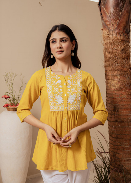 Mustard Striped Cotton Tunic with Thread Work and Button Detailing