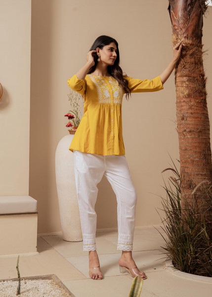 Mustard Striped Cotton Tunic with Thread Work and Button Detailing