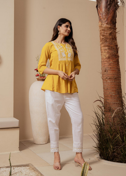 Mustard Striped Cotton Tunic with Thread Work and Button Detailing