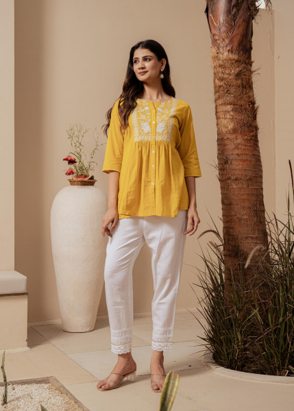 Mustard Striped Cotton Tunic with Thread Work and Button Detailing