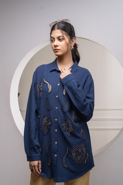 Navy Solid Viscose Shirt with Beads and Sequence Work
