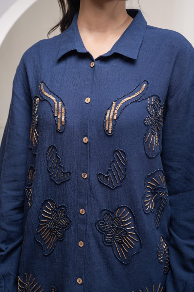 Navy Solid Viscose Shirt with Beads and Sequence Work